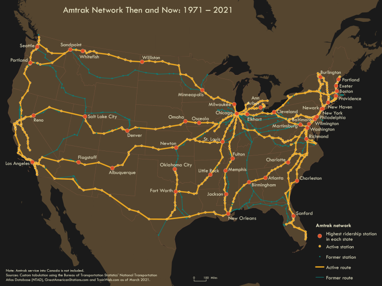 Amtrak Network Then and Now: 1971-2021 (Source: Bureau of Transportation Statistics)